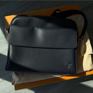 Louis Vuitton Navy Leather Messenger Bag with Silver LV Accent